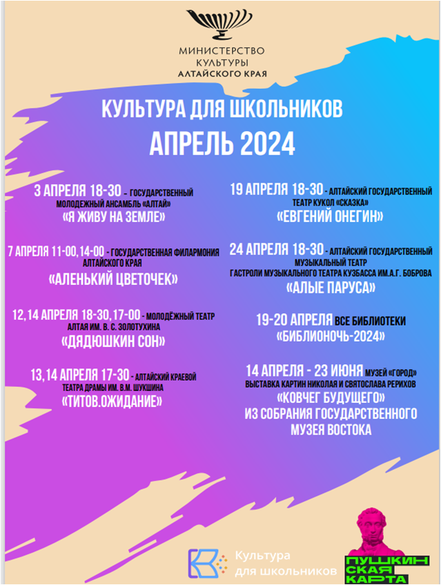План-график мероприятий на апрель - июнь 2024 года по реализации межведомственного культурно-образовательного проекта «Культура для школьников» в Алтайском крае.